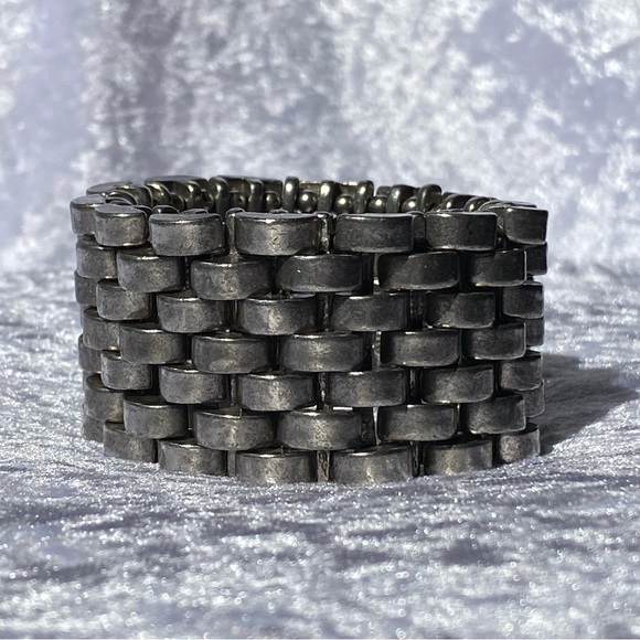 Avant Garde Paris Chunky Wide Linked Stretchy Silver Tone Bracelet - Picture 11 of 16
